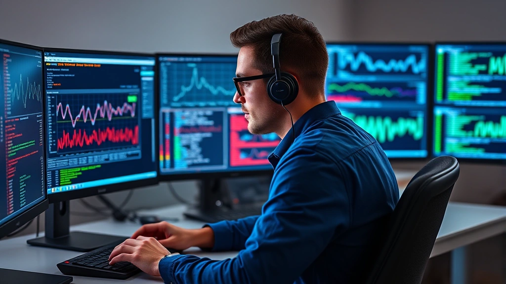 Cybersecurity professional at workstation with multiple monitors displaying network graphs and security metrics, focused on threat detection and system monitoring