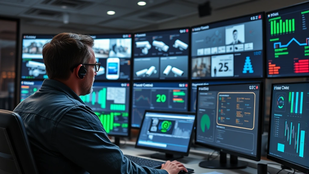 Cybersecurity analyst monitoring multiple security system dashboards with surveillance feeds, access control systems, and threat detection interfaces in a modern security operations center with blue and green data visualizations