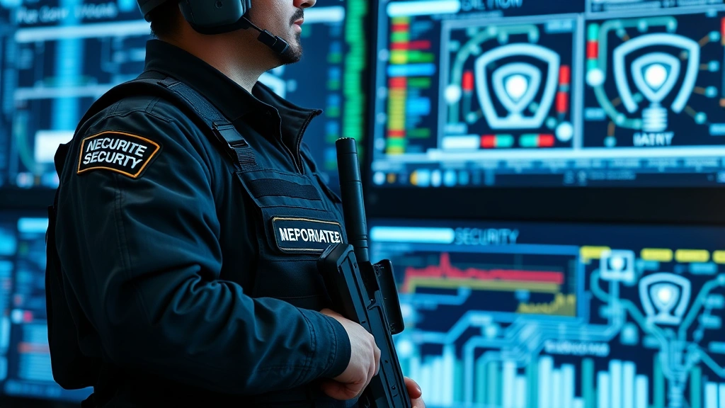 Armed security professional in tactical uniform with communication device, standing before digital security infrastructure with encrypted data streams and network diagrams visible on background screens