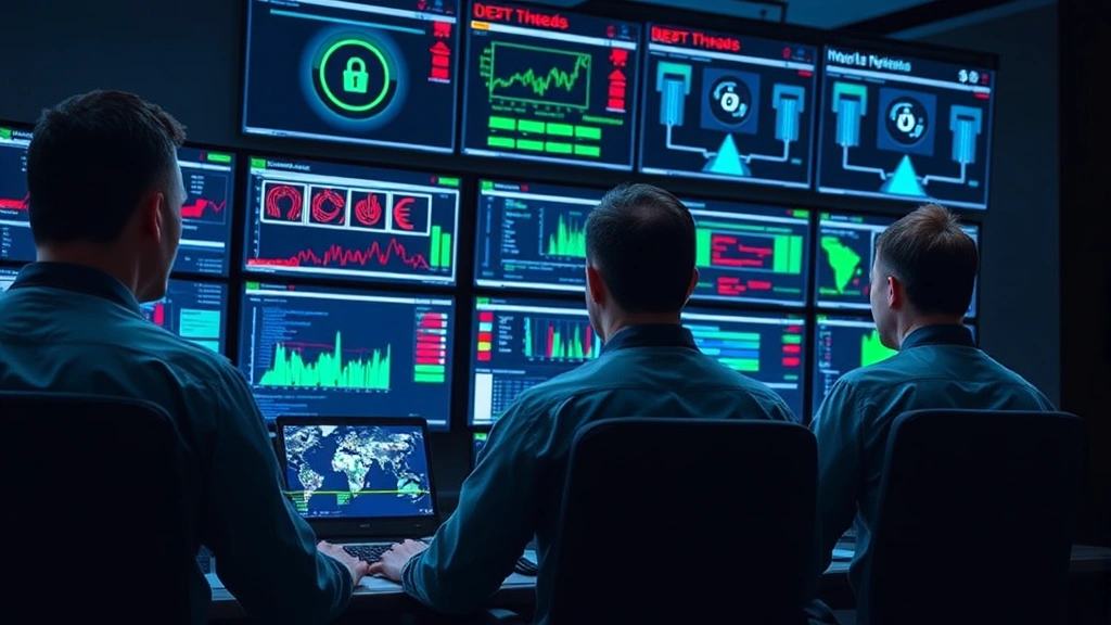 Security operations team reviewing incident response procedures with network security monitoring displays showing real-time threat detection and system health metrics across multiple security platforms