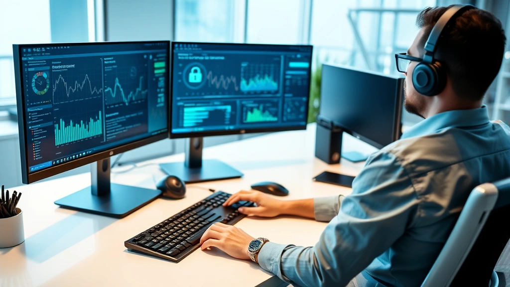 Professional cybersecurity analyst sitting at modern desk with multiple monitors displaying security dashboards and threat detection systems, wearing business casual attire, focused on screen, clean corporate office environment