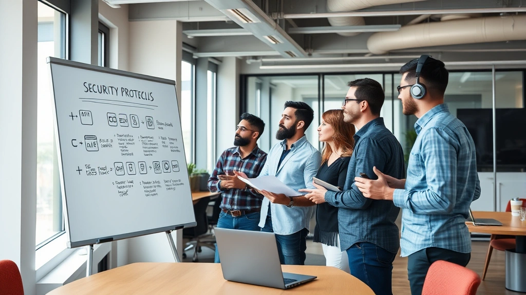 Diverse team of cybersecurity professionals in modern office collaboration space, reviewing security protocols on whiteboard, discussing threat assessment strategies, contemporary workspace with natural lighting