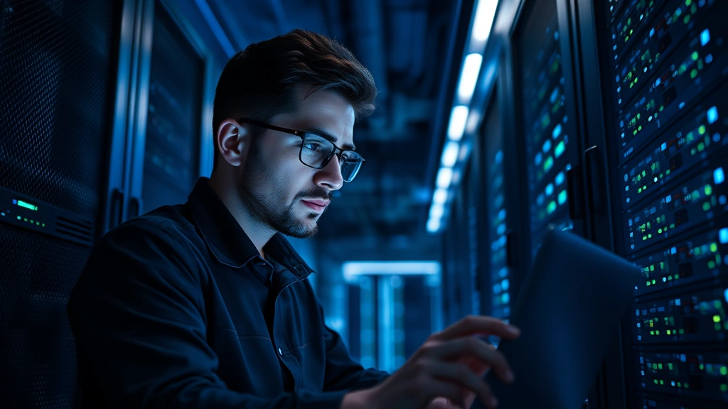 Cybersecurity professional working late at night in data center with server racks, blue ambient lighting, concentrated expression analyzing network traffic patterns, modern infrastructure visible in background
