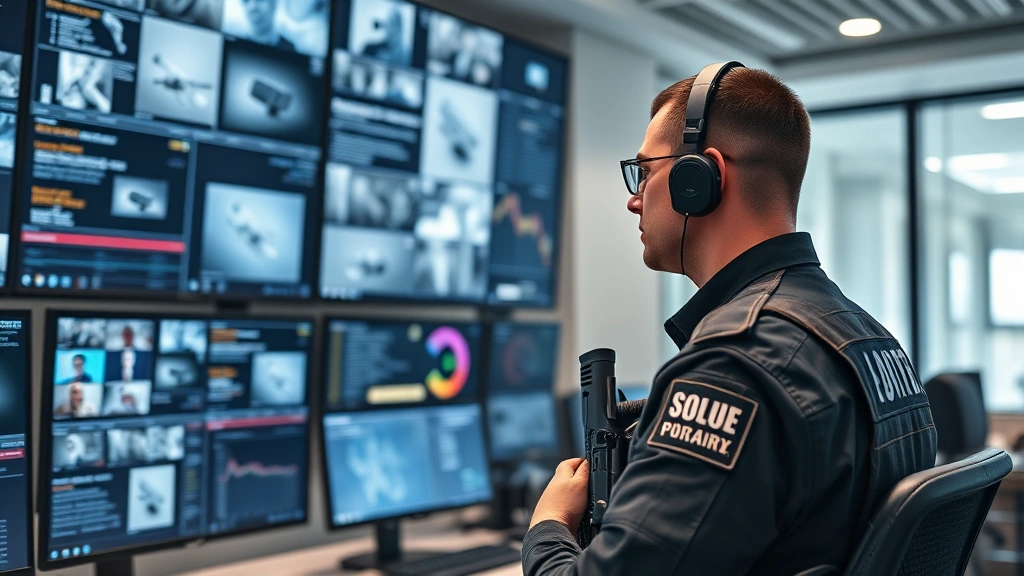 Professional armed security guard in tactical uniform monitoring multiple digital security screens in a modern security operations center, displaying real-time threat monitoring dashboards and surveillance feeds, photorealistic professional environment