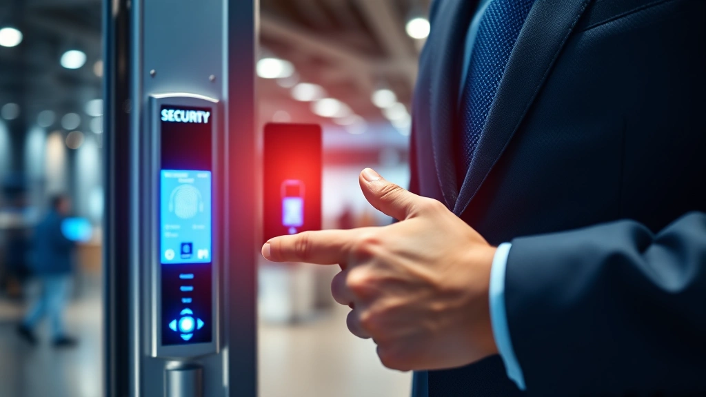 Close-up of security professional's hands operating advanced access control system with biometric scanner and network-connected device, showing integration of physical security infrastructure with digital systems, modern corporate setting