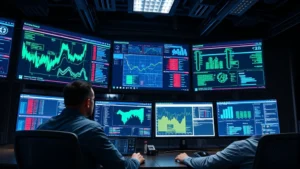 Professional security operations center with multiple monitors displaying network traffic visualizations and security dashboards in a modern data center environment, cybersecurity professionals monitoring systems