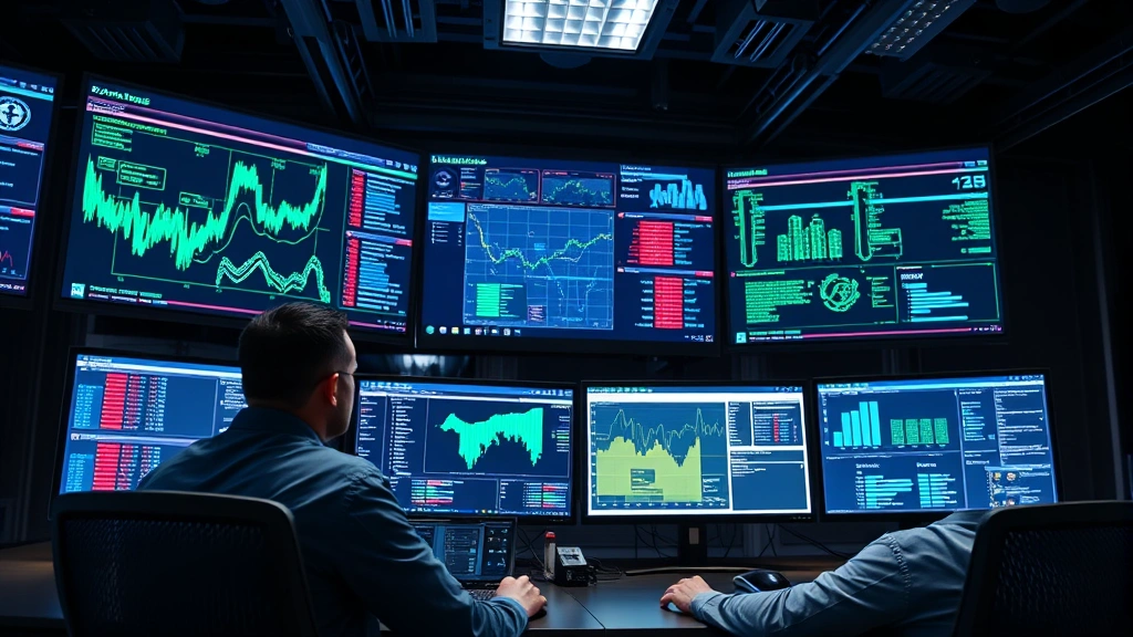 Professional security operations center with multiple monitors displaying network traffic visualizations and security dashboards in a modern data center environment, cybersecurity professionals monitoring systems