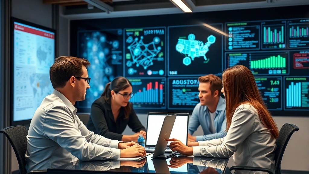 Cybersecurity team collaborating in a modern office environment with visible network diagrams and security metrics on walls, professionals discussing threat response strategies