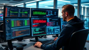 Cybersecurity professional analyzing threat intelligence on multiple computer monitors in a modern office, displaying network activity and security alerts in real-time monitoring environment