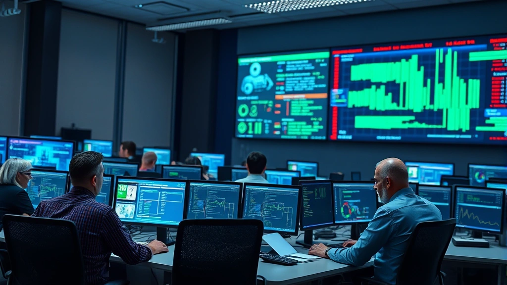 Security operations center with multiple team members at workstations monitoring live threat feeds and network traffic, professional corporate setting with blue and green data visualizations