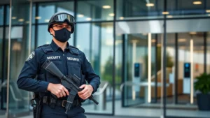 Professional armed security guard in tactical gear standing at modern corporate building entrance during daytime, alert posture, sophisticated access control system visible in background