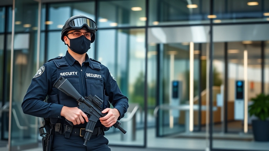 Professional armed security guard in tactical gear standing at modern corporate building entrance during daytime, alert posture, sophisticated access control system visible in background