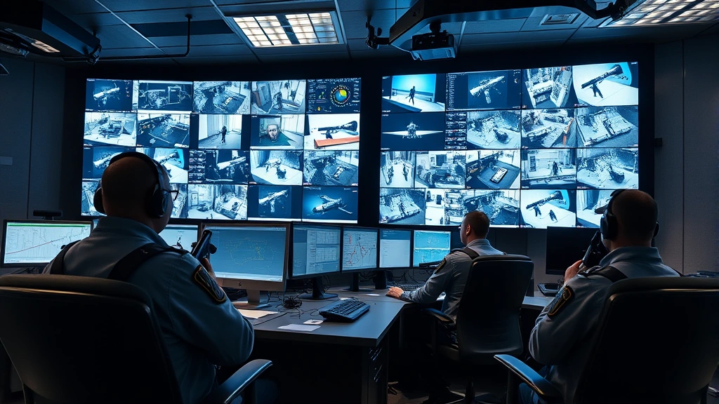 Security operations center with multiple monitoring stations, armed security personnel reviewing surveillance feeds on large display screens, professional security infrastructure environment