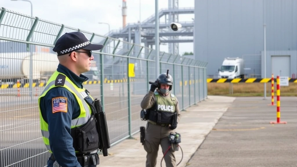 Armed security guard conducting perimeter patrol at critical infrastructure facility, professional uniform and equipment, modern security fencing and surveillance cameras visible, professional setting