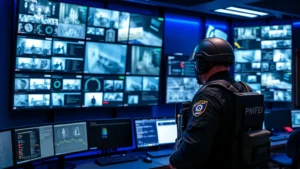 Professional security operations center with multiple monitors displaying access control dashboards, surveillance feeds, and alert systems, armed guard in tactical gear monitoring screens, blue ambient lighting, photorealistic modern facility