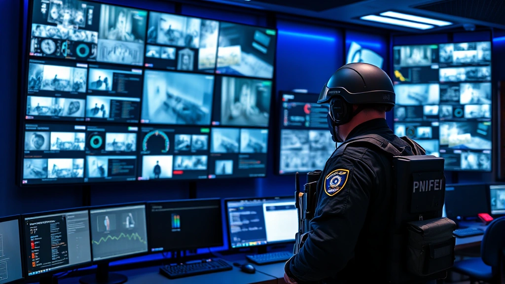 Professional security operations center with multiple monitors displaying access control dashboards, surveillance feeds, and alert systems, armed guard in tactical gear monitoring screens, blue ambient lighting, photorealistic modern facility