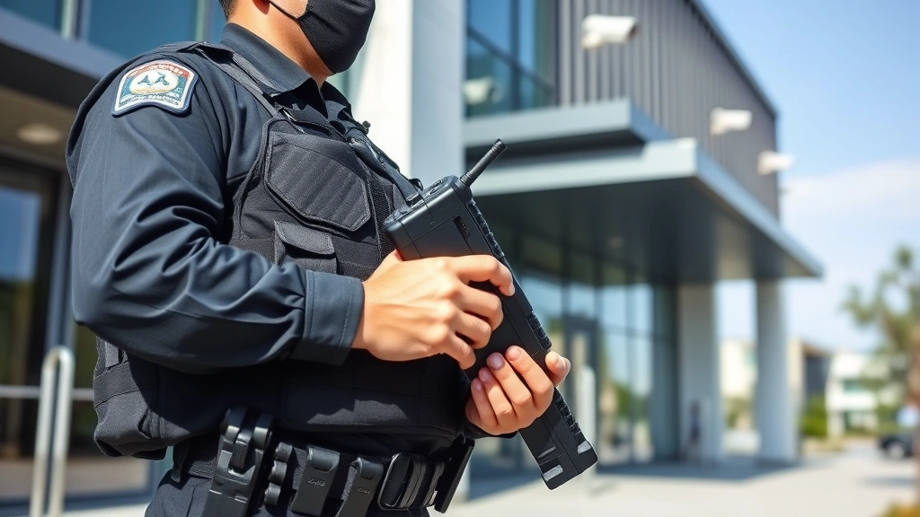 Armed security guard conducting perimeter patrol with mobile device and communication radio, modern facility exterior with surveillance cameras visible, professional tactical appearance, daylight conditions, alert posture