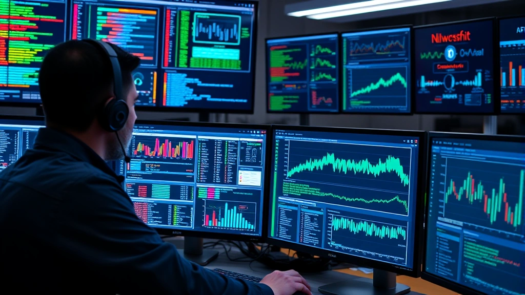 Cybersecurity professional monitoring network traffic on multiple screens showing security dashboards, digital data streams, and threat intelligence visualizations in a modern SOC environment