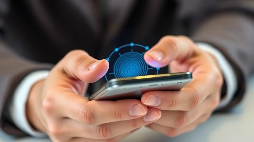 Close-up of hands using biometric fingerprint authentication on a modern smartphone or tablet, secure digital access concept with technology interface elements