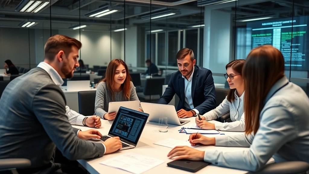 Diverse team of IT security professionals in a corporate office conducting security training session, reviewing security protocols and threat assessments with laptops and documentation