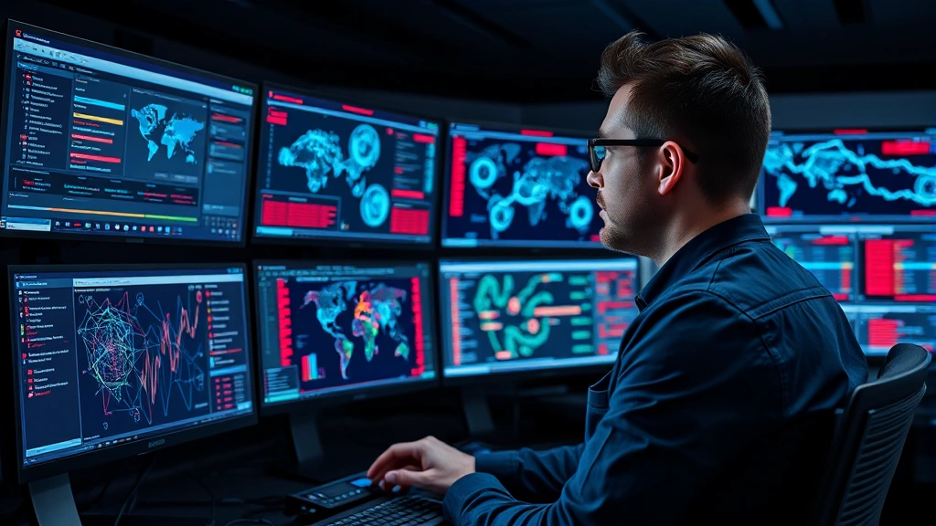 Professional cybersecurity analyst monitoring multiple security dashboards with threat alerts, blue and red network visualizations, focused expression in modern security operations center
