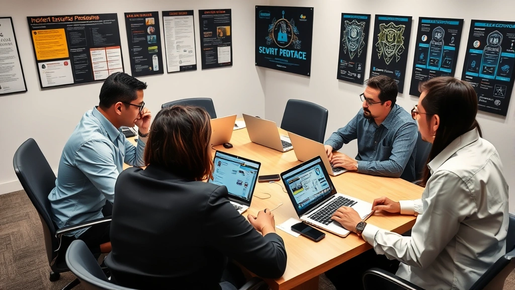 Team of security professionals collaborating around table with laptops during incident response drill, discussing security protocols, professional office environment with security posters