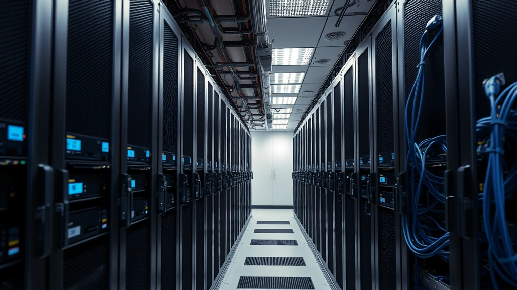 Close-up of secure data center with rows of locked server cabinets, network cables organized neatly, security cameras visible, professional infrastructure setup
