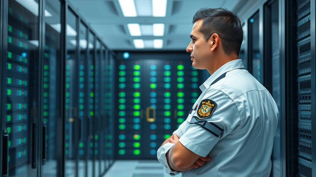 Professional security guard in uniform monitoring a modern data center entrance with server racks visible through glass, cybersecurity focus, photorealistic