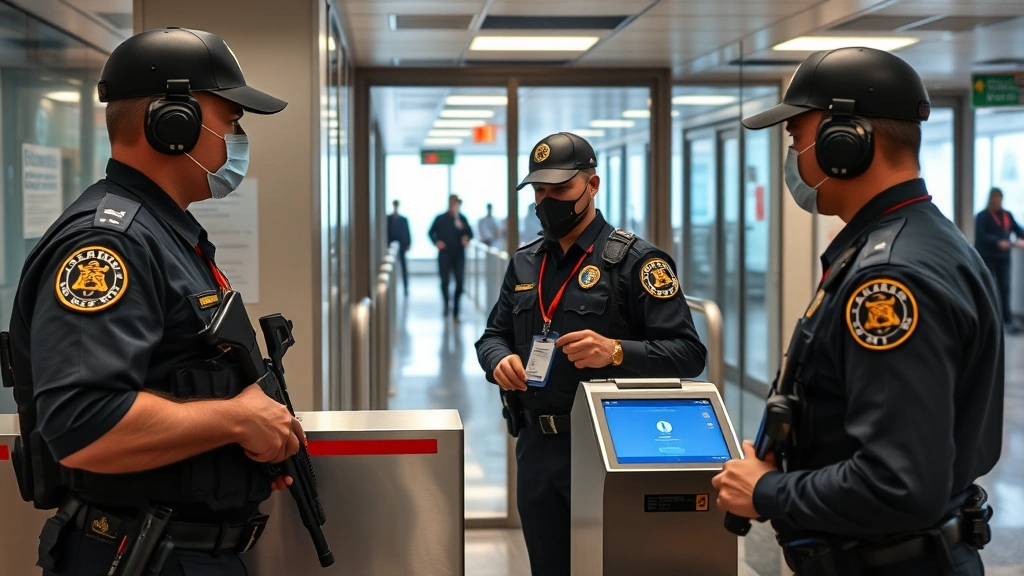 Armed security personnel conducting access verification at a secure facility checkpoint with badge readers and biometric scanners, serious professional atmosphere