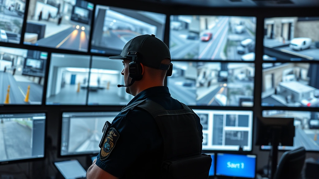 Security operations center with armed guard monitoring multiple surveillance screens showing facility entrances and critical infrastructure areas, vigilant expression