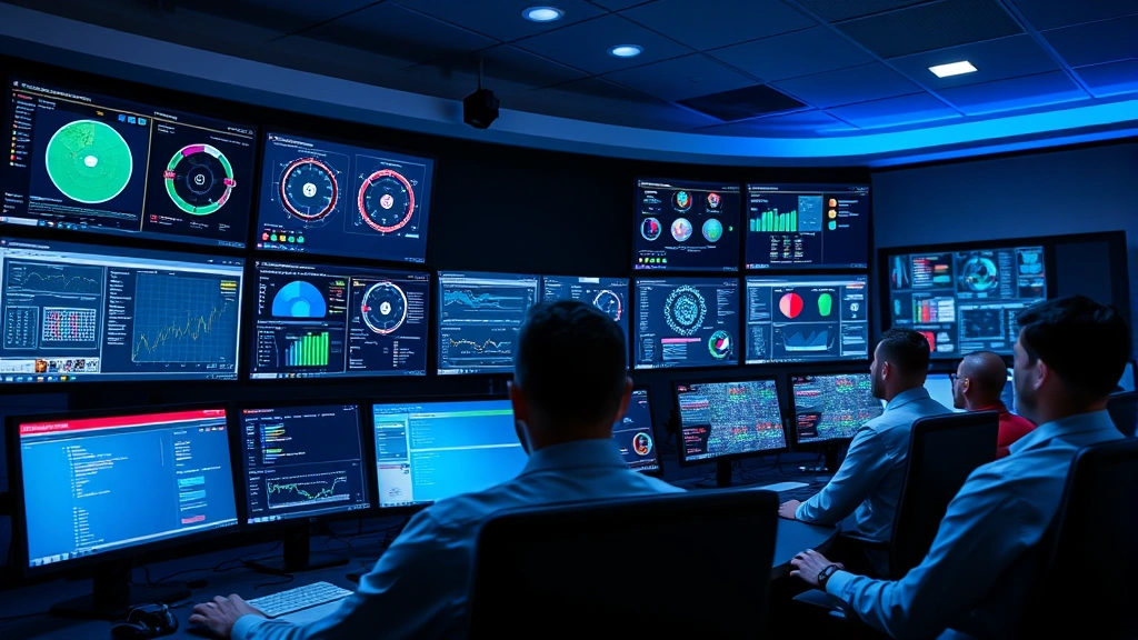 Professional security operations center with multiple monitors displaying network dashboards and threat intelligence feeds, security personnel monitoring real-time alerts, modern command center environment with blue lighting and sophisticated technology infrastructure
