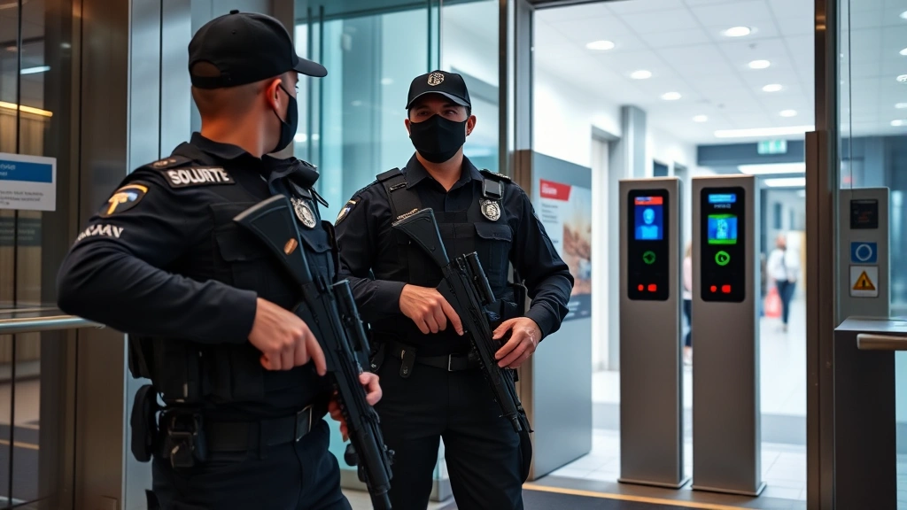 Armed security professional in tactical uniform standing at facility entrance with networked access control system visible, facial recognition technology display, modern security checkpoint with integrated physical and digital authentication systems