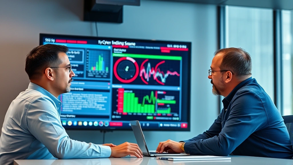 Cybersecurity expert and physical security officer collaborating in incident response meeting, reviewing threat intelligence on large display screen, integrated security operations environment with both cyber and physical security elements visible