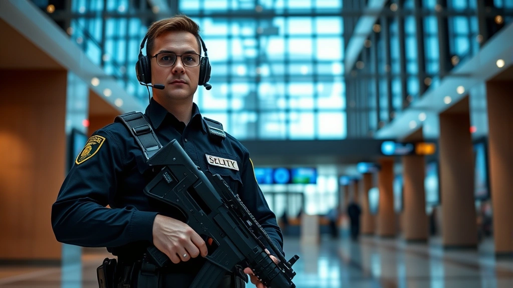 Professional armed security officer in tactical uniform with headset standing in modern corporate lobby with digital security screens, professional lighting, photorealistic