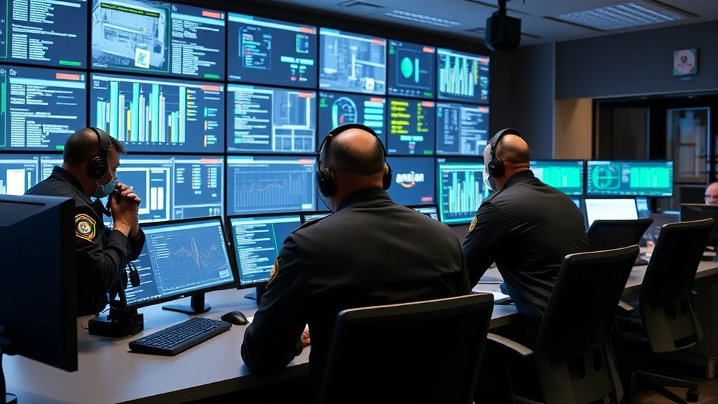 Integrated security operations center showing armed security personnel collaborating with cyber analysts at monitoring stations, multiple displays showing facility and network data, professional environment