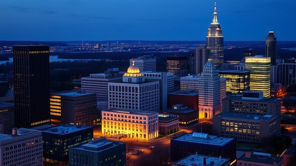 Connecticut cityscape at dusk showing corporate buildings and financial institutions with security perimeter lighting, representing state's major employment centers for security professionals