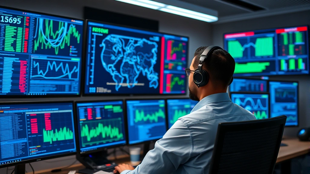 Professional cybersecurity analyst monitoring multiple screens displaying network traffic patterns and threat detection dashboards in modern security operations center with blue and green data visualizations