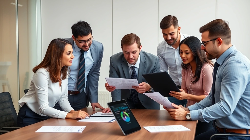Team of diverse IT security professionals in business attire collaborating around conference table with laptop and tablet displaying security frameworks and compliance documents