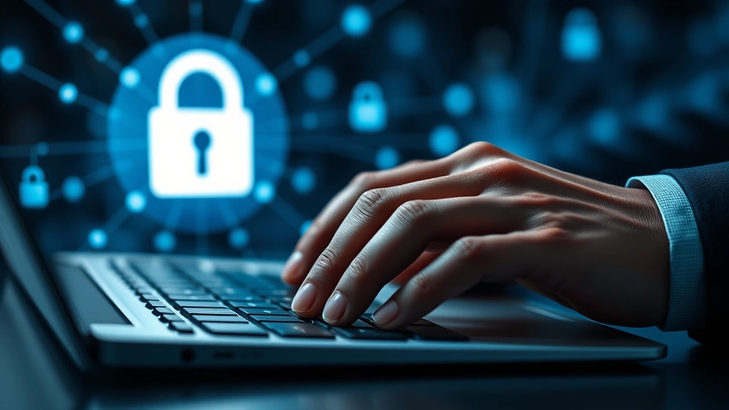 Close-up of businessman's hands on keyboard with digital lock icon and network connections glowing in background, representing data protection and secure access controls