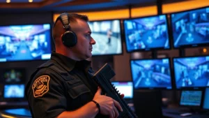 Armed security officer in Las Vegas casino environment monitoring multiple surveillance screens showing real-time footage of gaming floor and corridors, professional tactical gear, focused expression, modern security operations center with blue-tinted lighting and multiple displays