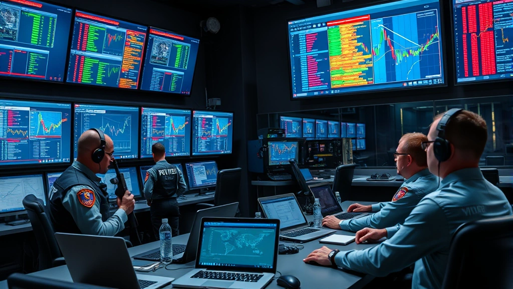 Professional security operations center with armed personnel conducting incident response meeting, analyzing network traffic data on wall-mounted displays, reviewing security protocols, collaborative team environment with laptops and communication equipment visible