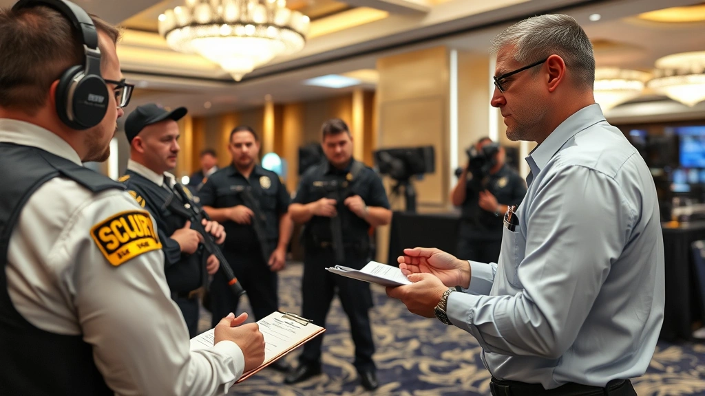 Cybersecurity expert conducting security training session for armed security personnel in Las Vegas hospitality venue, discussing threat detection procedures, personnel engaged and taking notes, professional training environment with security equipment visible in background