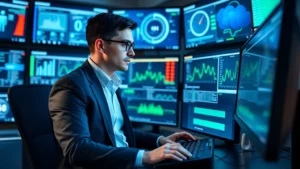 Professional security officer in business attire monitoring multiple digital displays and cybersecurity dashboards in a modern security operations center, hands on keyboard, focused expression, professional environment with blue and green monitor glows