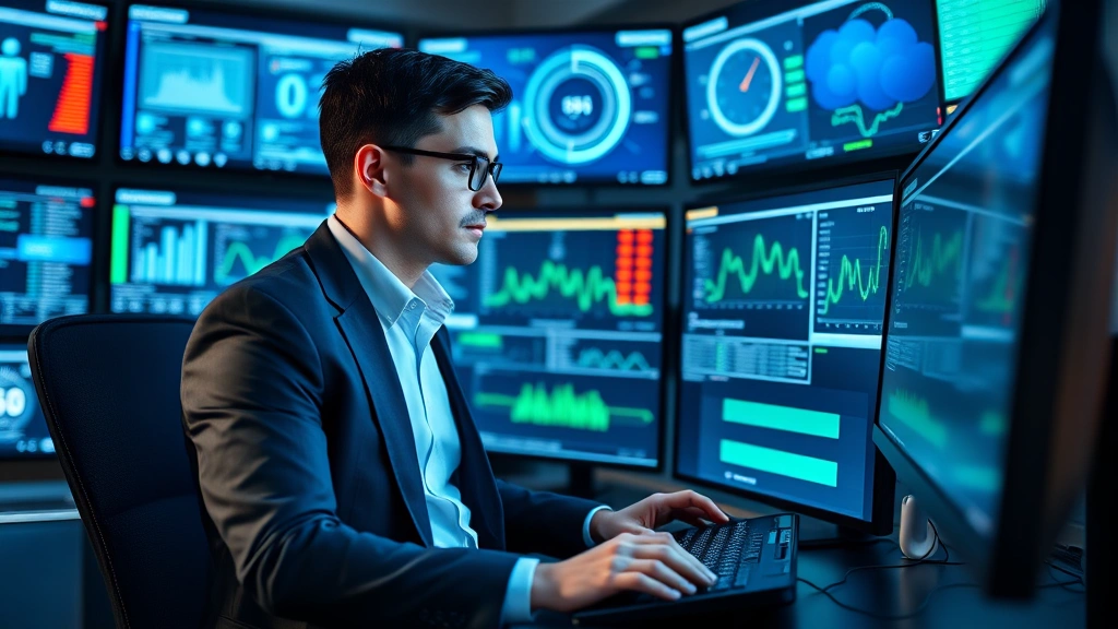 Professional security officer in business attire monitoring multiple digital displays and cybersecurity dashboards in a modern security operations center, hands on keyboard, focused expression, professional environment with blue and green monitor glows