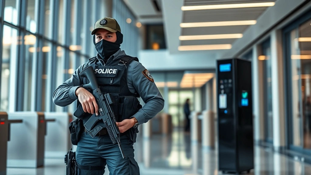 Armed security professional in tactical gear standing in corporate office lobby with access control system and security badge scanner visible, professional alert posture, modern building architecture with glass and steel elements