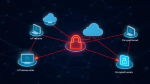 Network diagram showing IoT devices isolated in separate network segments with firewalls and security checkpoints, data flowing through encrypted tunnels, professional cybersecurity infrastructure visualization