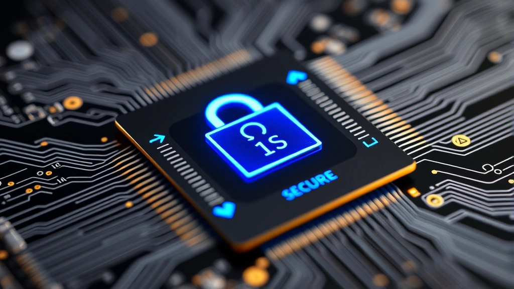 Secure chip or circuit board with glowing encryption symbols, representing firmware security and cryptographic protection in IoT hardware, close-up technical photography with blue security indicators