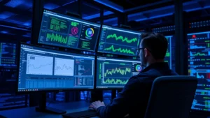 Professional cybersecurity analyst monitoring multiple screens displaying network traffic analysis and security dashboards in a modern data center with blue lighting