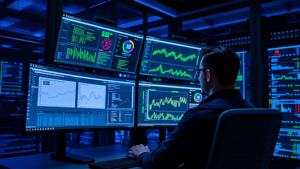 Professional cybersecurity analyst monitoring multiple screens displaying network traffic analysis and security dashboards in a modern data center with blue lighting