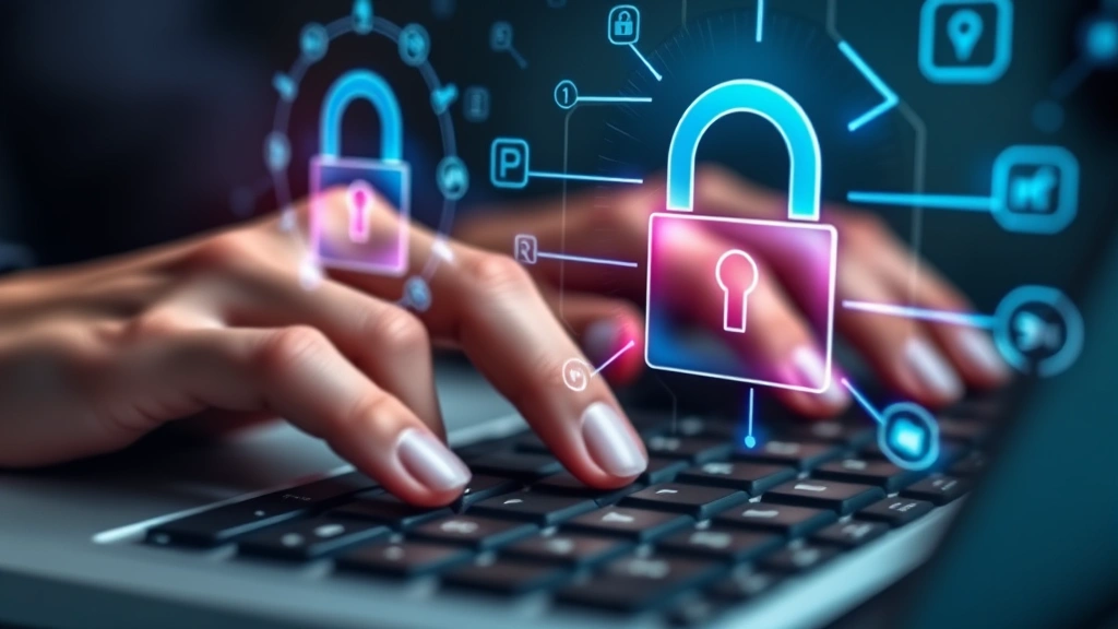 Close-up of hands typing on keyboard with holographic security lock symbols floating above, representing data encryption and digital protection measures